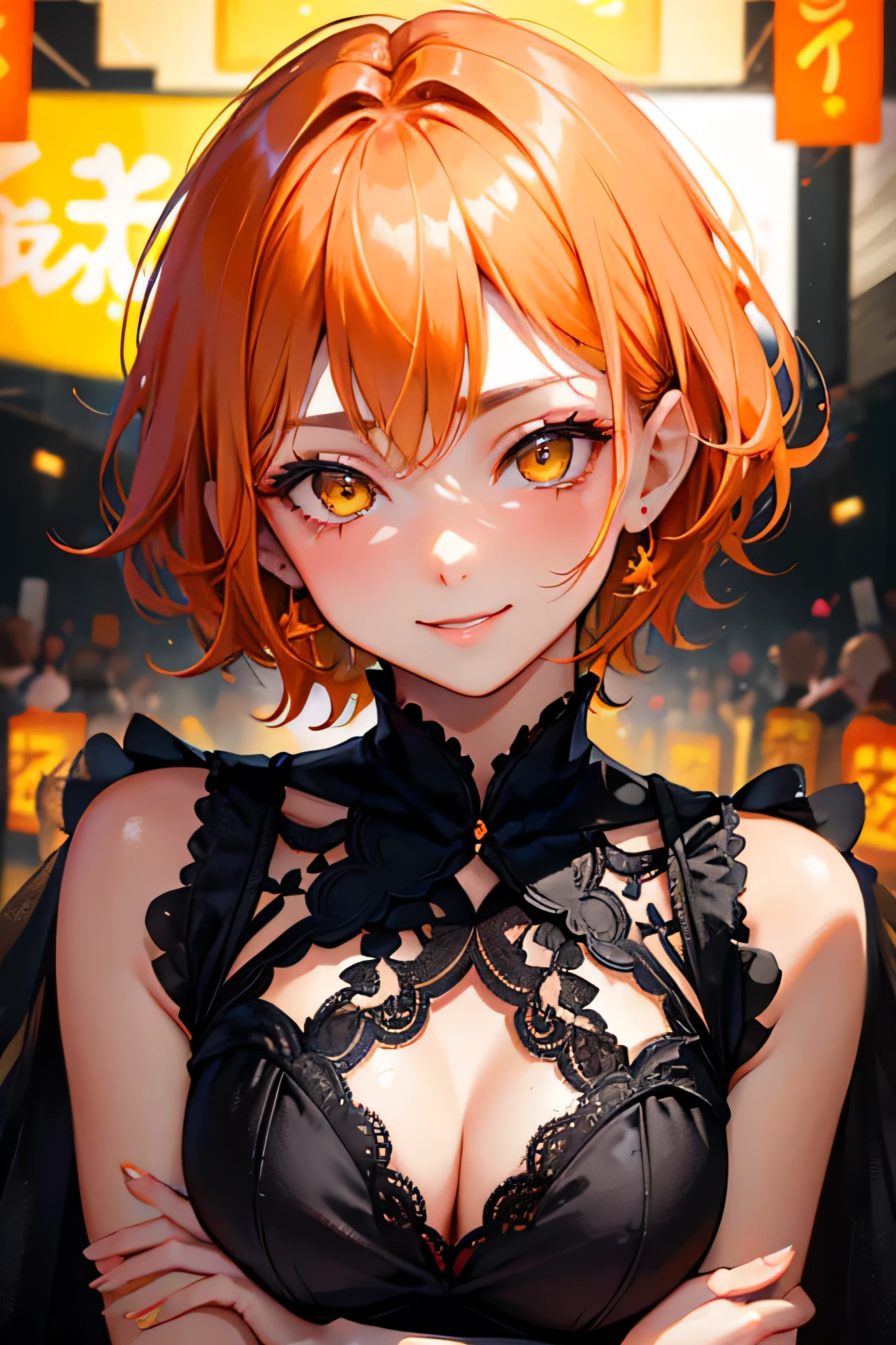 A Nice adult woman wearing a black lace outfit、1 person、((Orange short hair))、(Yellow Eyes)、Bold Pose、Face close-up、(Festival Background)、strong、Wicked Smile、Nice、Tamaki Shiina