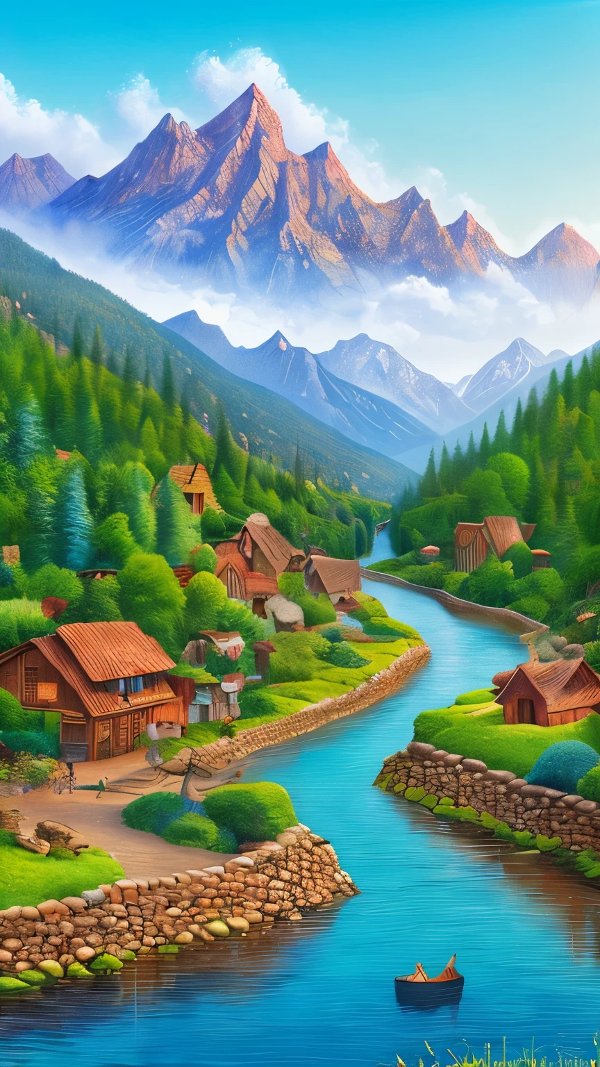 ((best quality)), ((masterpiece)), (detailed), An illustration of a peaceful ancient town with a river, mountains, and animals in the background
