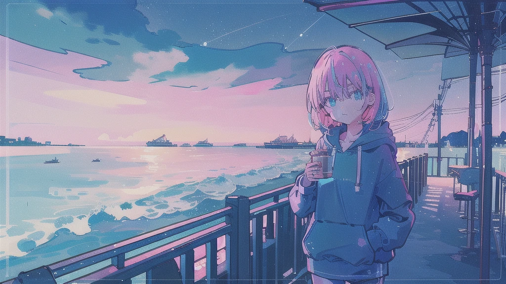 (watercolor), (low contrast), (face, 1 girl, hoodie, look at viewer, cowboy shot), (seaside cafe, starry sky)