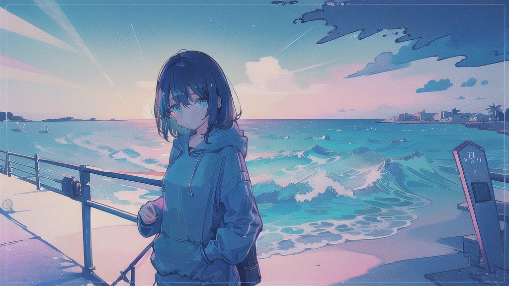 (watercolor), (low contrast), (face, 1 girl, hoodie, look at viewer, cowboy shot), (seaside cafe, starry sky)