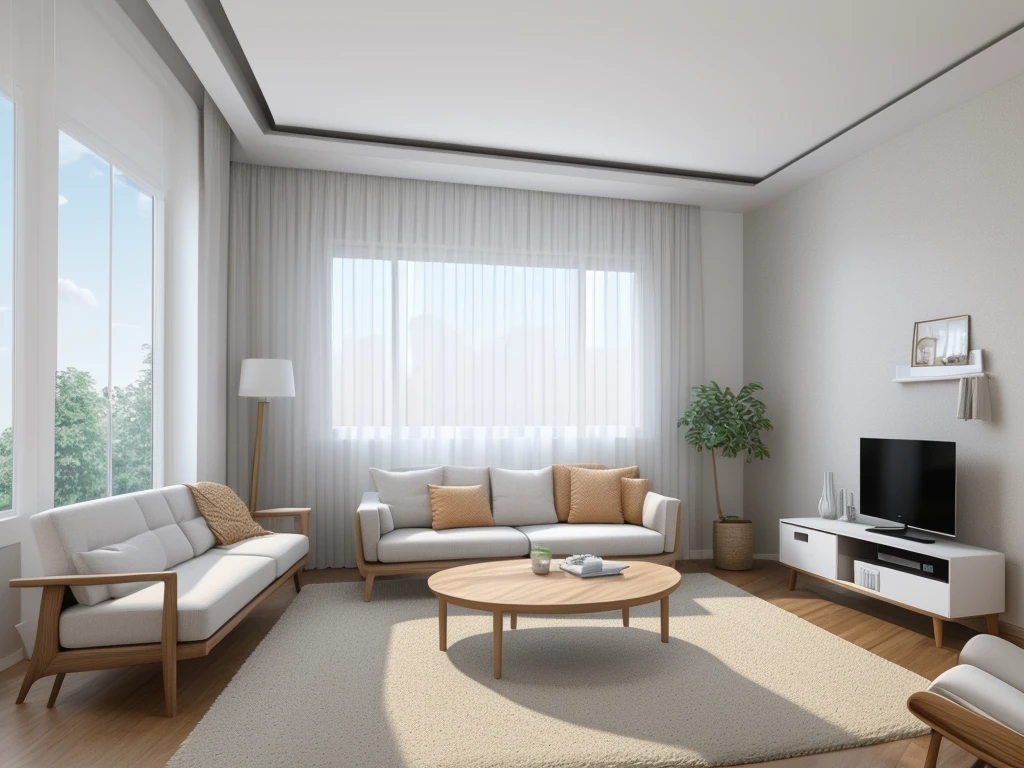 interior living room, modern styles, television shelf, modern fabric sofa, Ceiling Ligh, rug, two picture, white ceilingts, window, white curtain, natural lighting,
best quality, Masterpiece, Realistic, High quality, corona render, 3dsmax, vray,