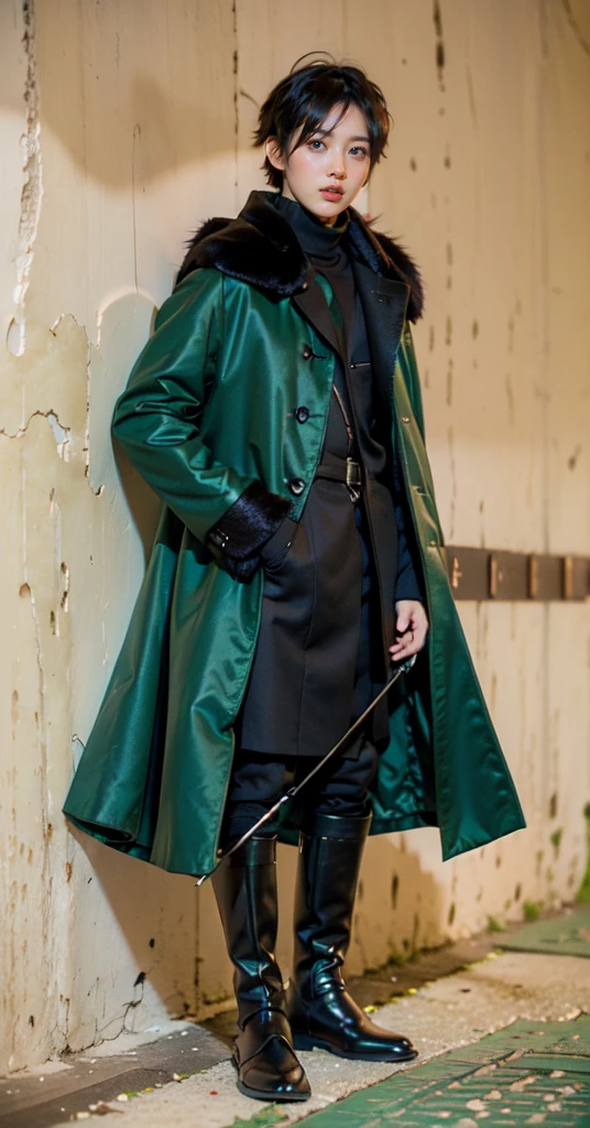yuichiro hyakuya, (WithoutFear:1), 1 boy, black hair, green eyes, brown coat, gray armor, green shield, green cloak, dark brown gloves, town, fur trim, anime, standing, good quality, portrait, looking at viewer