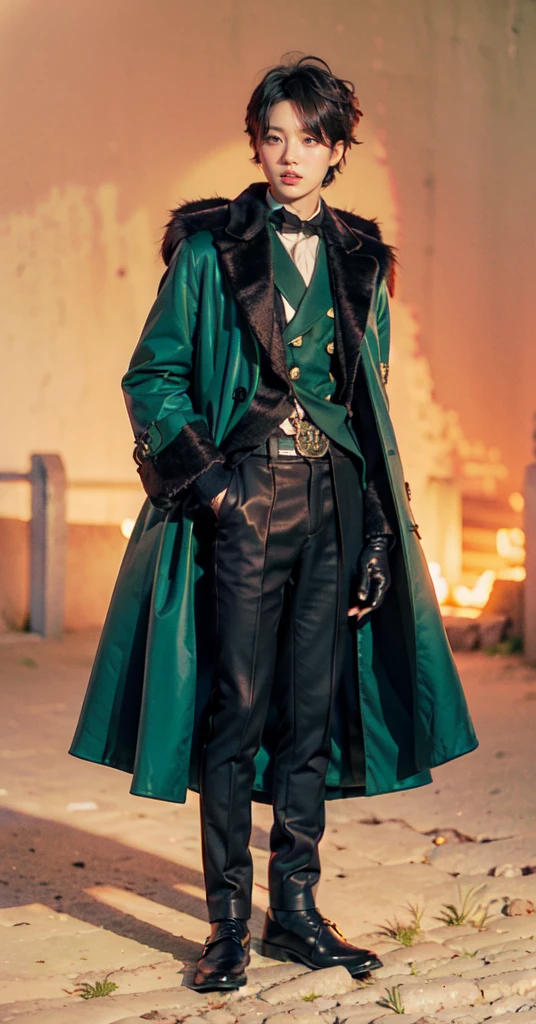 yuichiro hyakuya, (WithoutFear:1), 1 boy, black hair, green eyes, brown coat, gray armor, green shield, green cloak, dark brown gloves, town, fur trim, anime, standing, good quality, portrait, looking at viewer