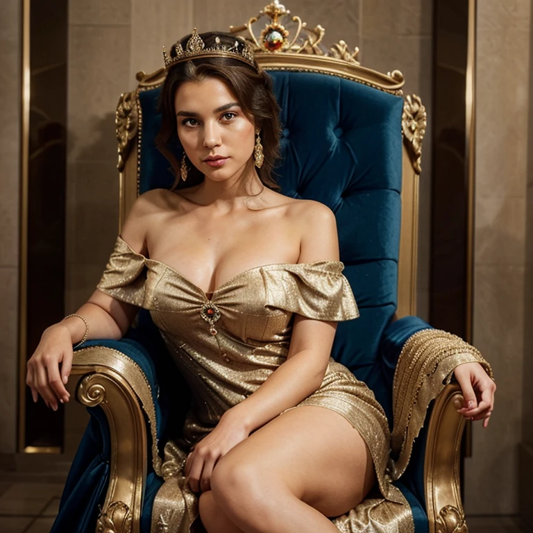 The Queen in a luxurious off-shoulder dress, a beautiful crown on a luxurious throne