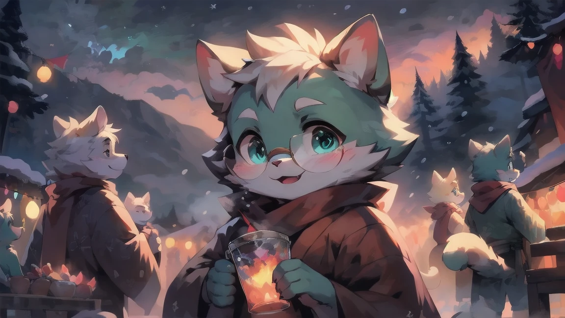 a fully grown and mature and aged adult fat cat with big circle glasses and a red scarf, the cat is very tall and sexy. a handsome cat fursona with teal fur color, the chest has white fur, white fur around mouth and cheeks, white hair, cyan dick, masturbation, cumming shot, fluffy black cat ears, fluffy white neck, he is standing tall in a snowy place, looking up to the snowy sky with a bright smile. snowy landscape. bushy tail, and perked-up fluffy big ears, one ear is lowered. He wears a fluffy warm and cozy kimono, he is holding a warm cup of cacao in one hand and snacks in his other hand. he is walking through an alley full of vendors during a fireworks festival. His eyes are bright with wonder as he surveys the snowy woods outside the cabin, a lot of snowflakes fall down from the sky. The fully grown and mature and tall adult cat has a relaxed expression, ready to explore the outside world. the cat is tall. big trees covered by snow in the background, there are colorful fireworks in the snowy sky, there are steep and tall mountains in the background covered in snow, there are wooden houses in the background, It is sunset time and the perspective of view is zoomed out, with extremely detailed background