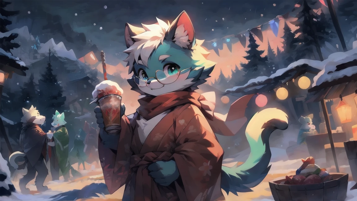 a fully grown and mature and aged adult fat cat with big circle glasses and a red scarf, the cat is very tall and sexy. a handsome cat fursona with teal fur color, the chest has white fur, white fur around mouth and cheeks, white hair, cyan dick, masturbation, cumming shot, fluffy black cat ears, fluffy white neck, he is standing tall in a snowy place, looking up to the snowy sky with a bright smile. snowy landscape. bushy tail, and perked-up fluffy big ears, one ear is lowered. He wears a fluffy warm and cozy kimono, he is holding a warm cup of cacao in one hand and snacks in his other hand. he is walking through an alley full of vendors during a fireworks festival. His eyes are bright with wonder as he surveys the snowy woods outside the cabin, a lot of snowflakes fall down from the sky. The fully grown and mature and tall adult cat has a relaxed expression, ready to explore the outside world. the cat is tall. big trees covered by snow in the background, there are colorful fireworks in the snowy sky, there are steep and tall mountains in the background covered in snow, there are wooden houses in the background, It is sunset time and the perspective of view is zoomed out, with extremely detailed background