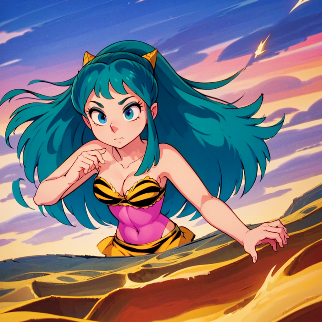 (lum:1.5), (solo:1.3), 1girl, tiny horns, riding a sci-fi motorcycle, smile, motor vehicle, skirt, riding, (score_9, score_8_up, score_7_up), masterpiece, best quality, absurdres, unity, 8k, wallpaper, hi res, highly detailed face, highly detailed eyes, blue eyes, perfect anatomy, super detailed skin, outdoors, beach, seaside, beautiful landscape, island, 1980s style, anime style, (full body), (dynamic angle, dynamic pose:1.3), (flying:1.3), floating in air, floating under seabeach, animal print, strapless_bikini, breasts, (intricate details:1.4), cleavage, large breasts, (two-tone hair, green hair, black hair:1.1), floating hair, groin, small horns, (cowboy shot), looking at viewer, navel, print bikini, swimsuit, tiger print, tiger stripes, (electrokinetic, electrokinesis, spark effect, electricity:1.3), lightning shooting from hands, epic fantasy scene, dark ominous clouds, dramatic lighting, detailed facial features, high quality, cinematic composition, dramatic atmosphere, digital art, concept art, 8k, ultra-detailed, professional rendering, dramatic color palette, dynamic pose, cute doodle,