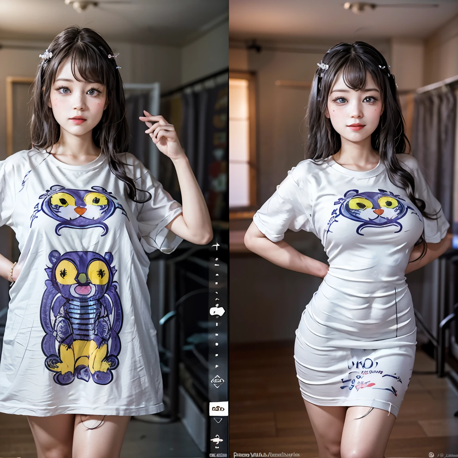 White and Bright Red, (Masterpiece 8K TopQuality:1.2) (ProfessionalPhoto:1.37) ExtremelyDetailed (((FullBody, KAWAII girl with HUGE boobs:1.37)) in ((WHITE cotton T-shirt dress:1.28) with (LifeSize her face printed on it:1.26)) detailed (Delicate cotton textures)) PerfectLighting (Studio Dark GRAY Background) with (Oodles of mystic Dazzling RainbowColor Particles:1.26) BREAK (((NOGIZAKA FaceVariations))), Extremely Detailed (very KAWAII Face), Childish CaptivatingGaze Stunning ParfectEyes ElaboratePupils with (SparklingHighlights:1.28), DoubleEyelids with (Detailed Voluminous LongEyelashes:0.88), Small GlossyRedLips with BeautifulDetails, CoquettishTongue, PUNIPUNI RosyCheeks, Radiant PearlSkin with Transparency, Glowing DowneyHair . { (Dynamic Joyful expressions LifeLike Rendering:1.4) | (:d) }, (large eyes:-1) .
