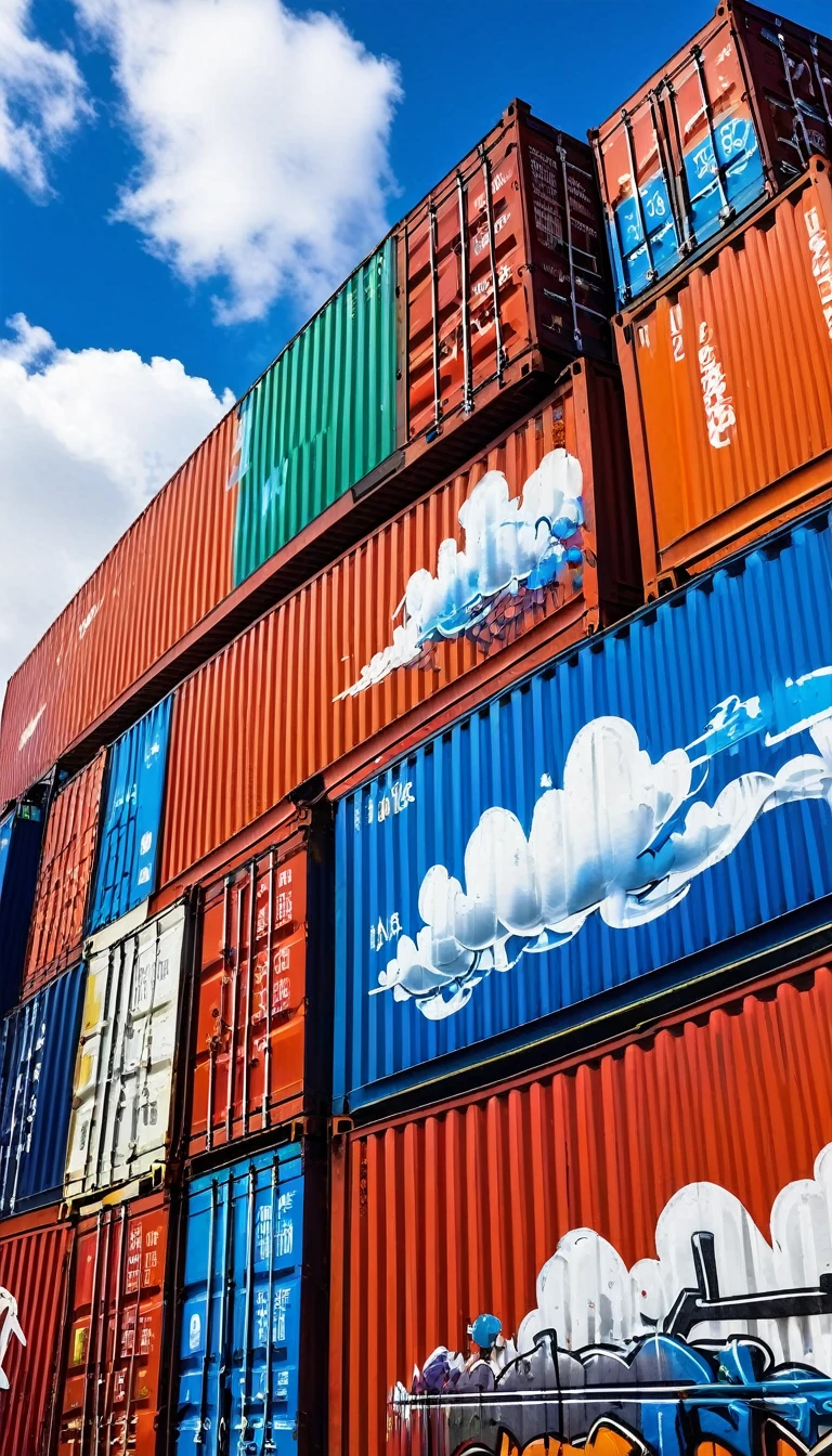 port,Graffiti on containers,wild,Graffiti,Stacking,Blue sky and white clouds