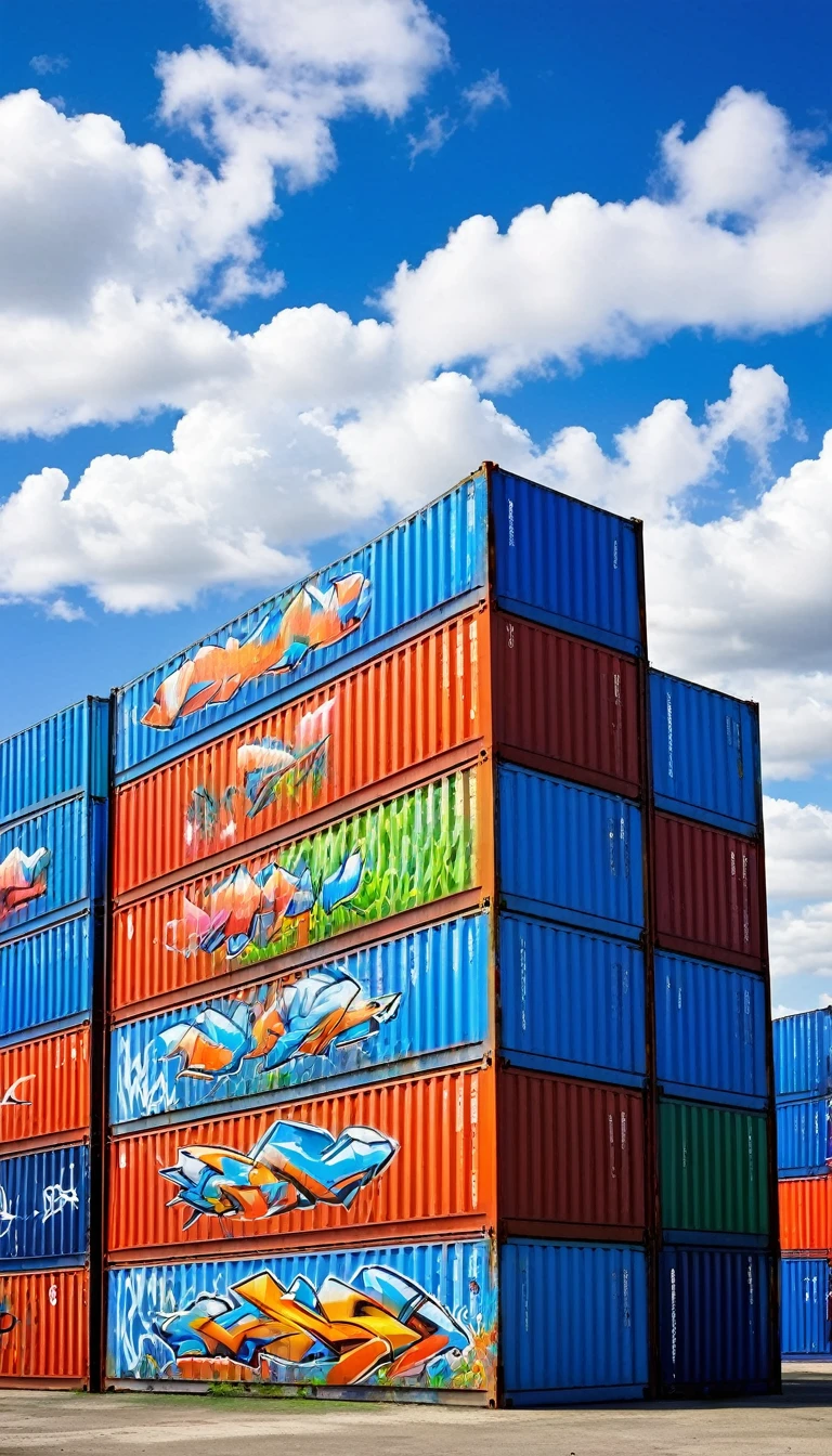 port,Graffiti on containers,wild,Graffiti,Stacking,Blue sky and white clouds