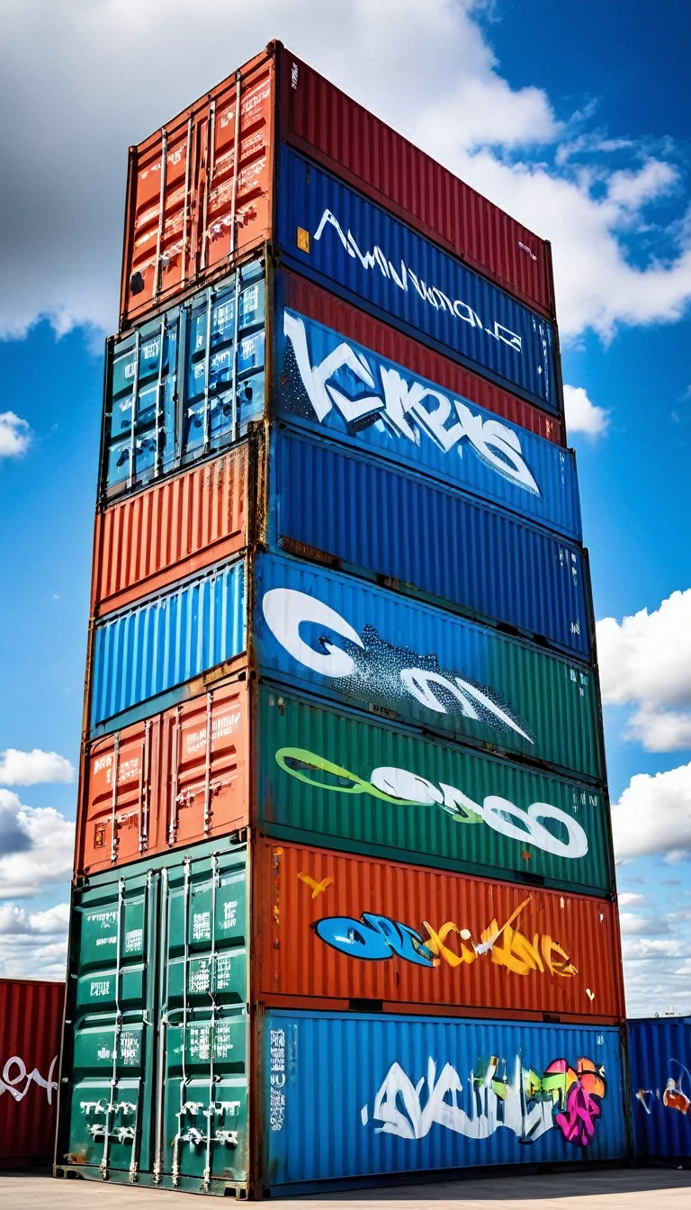 port,Graffiti on containers,wild,Graffiti,Stacking,Blue sky and white clouds