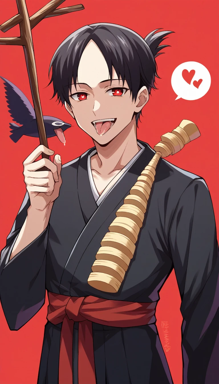 score_9, score_6_climb, source_anime, 1 man, alone, climbper body, Shinomiya Kaguya, conjunctivitis, black hair, black dress, Put your hand on your chin., Heart-shaped eyes, no pclimbils, smile softly, tooth, tsurime, red background , stick out your tongue, sexy, saliva, flirt, It has black wings., Hakama style kimono