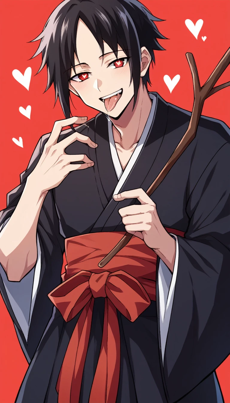 score_9, score_6_climb, source_anime, 1 man, alone, climbper body, Shinomiya Kaguya, conjunctivitis, black hair, black dress, Put your hand on your chin., Heart-shaped eyes, no pclimbils, smile softly, tooth, tsurime, red background , stick out your tongue, sexy, saliva, flirt, It has black wings., Hakama style kimono