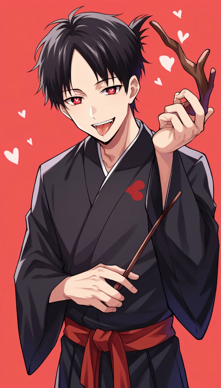 score_9, score_6_climb, source_anime, 1 man, alone, climbper body, Shinomiya Kaguya, conjunctivitis, black hair, black dress, Put your hand on your chin., Heart-shaped eyes, no pclimbils, smile softly, tooth, tsurime, red background , stick out your tongue, sexy, saliva, flirt, It has black wings., Hakama style kimono