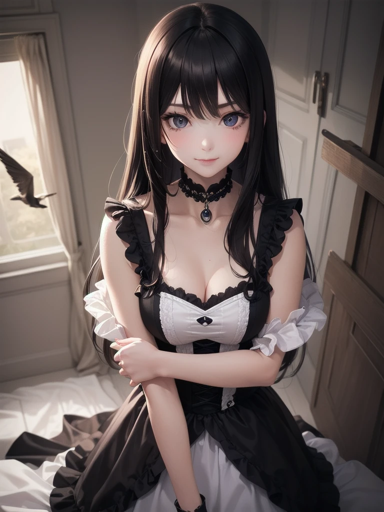 1 Girl, Mysterious look, Sharp Eye, long, flowing black hair, Gothic Costume, enigmatic smile, Pale complexion, Elegant Features BREAK Dramatic High Angle Shot, (Bird&#39;s Eye View:1.2), Symmetrical Configuration, Monochromatic, Deep Shadow, Subtle highlights, Spooky atmosphere, Artistic Details BREAK Ancient Cathedral, Stained Glass Windows, Decorative pillars, Flickering Candle, Ethereal atmosphere, Secret Whispers, Timeless beauty, Absurd, High resolution, Individuality, masterpiece