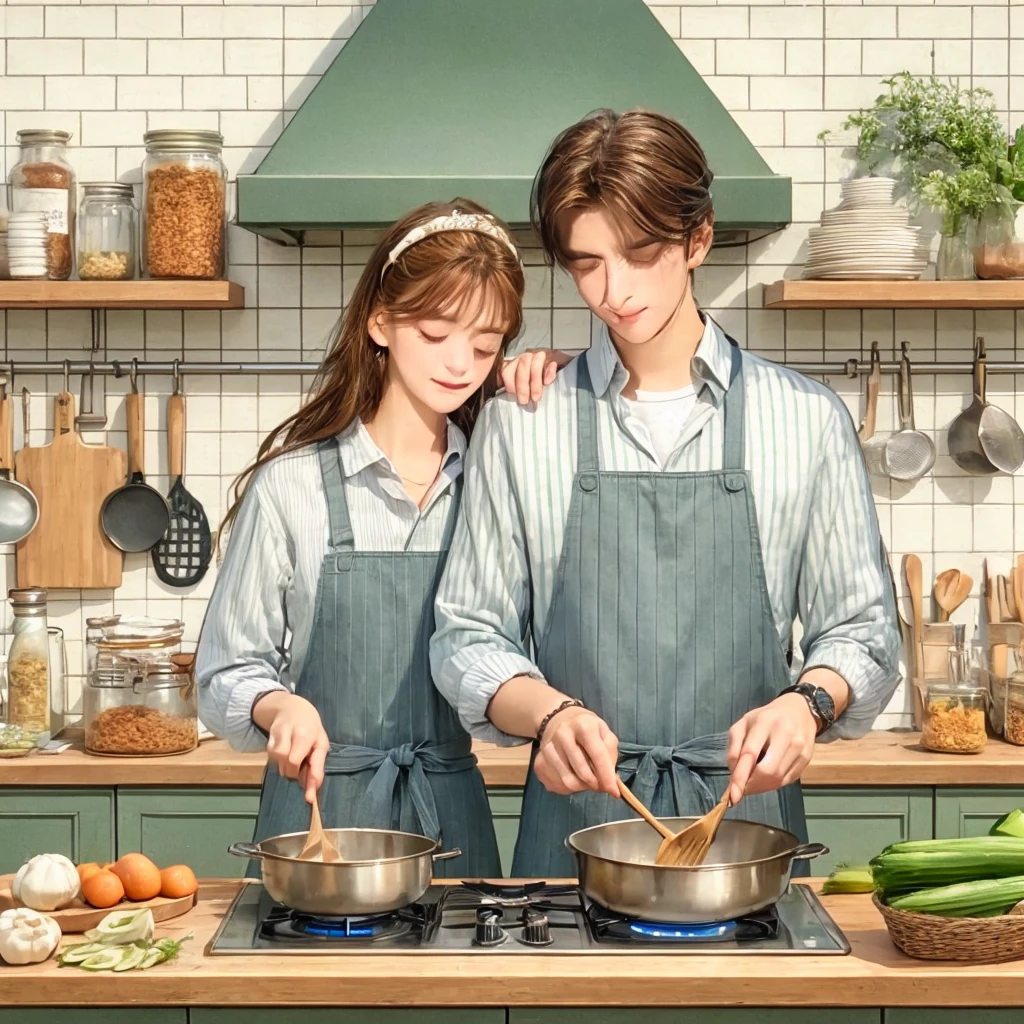 A young couple is cooking together in the kitchen wearing the same romantic clothes. kitchen background very detailed 8k