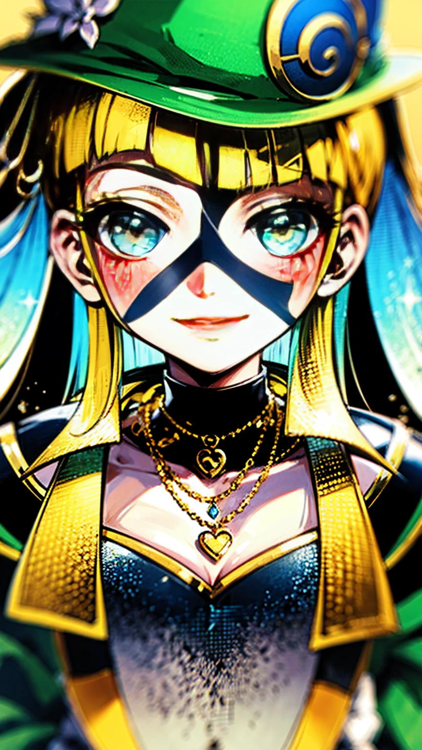 Anime girl in green witch hat and green witch outfit, Blonde,Cunning Smile, Close-up portrait of a magician,Gold floral ornament,Aquamarine Pendant,