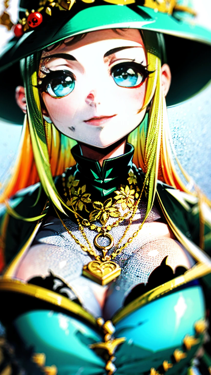 Anime girl in green witch hat and green witch outfit, Blonde,Cunning Smile, Close-up portrait of a magician,Gold floral ornament,Aquamarine Pendant,