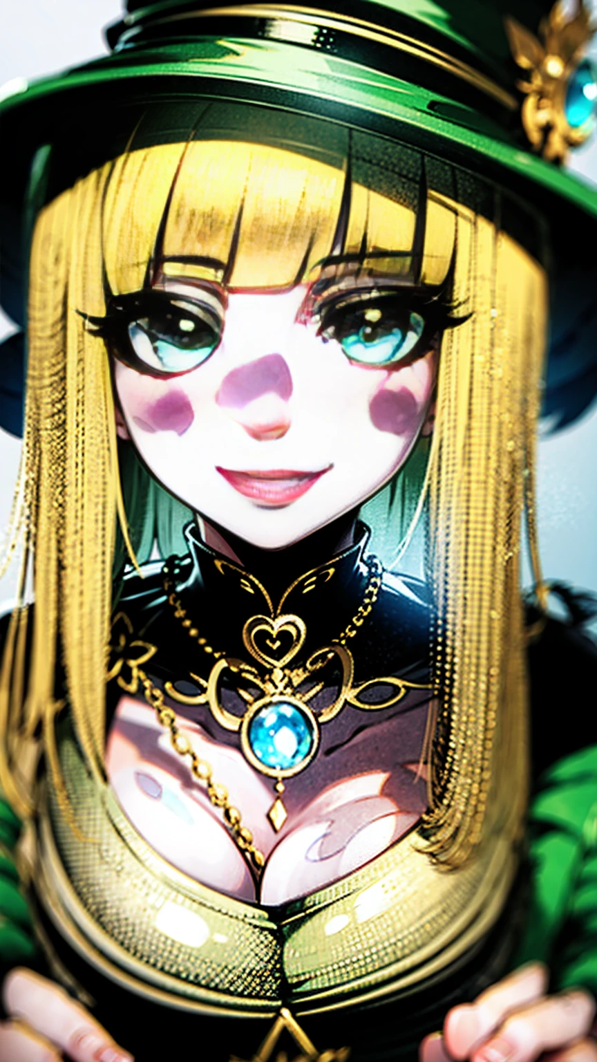 Anime girl in green witch hat and green witch outfit, Blonde,Cunning Smile, Close-up portrait of a magician,Gold floral ornament,Aquamarine Pendant,