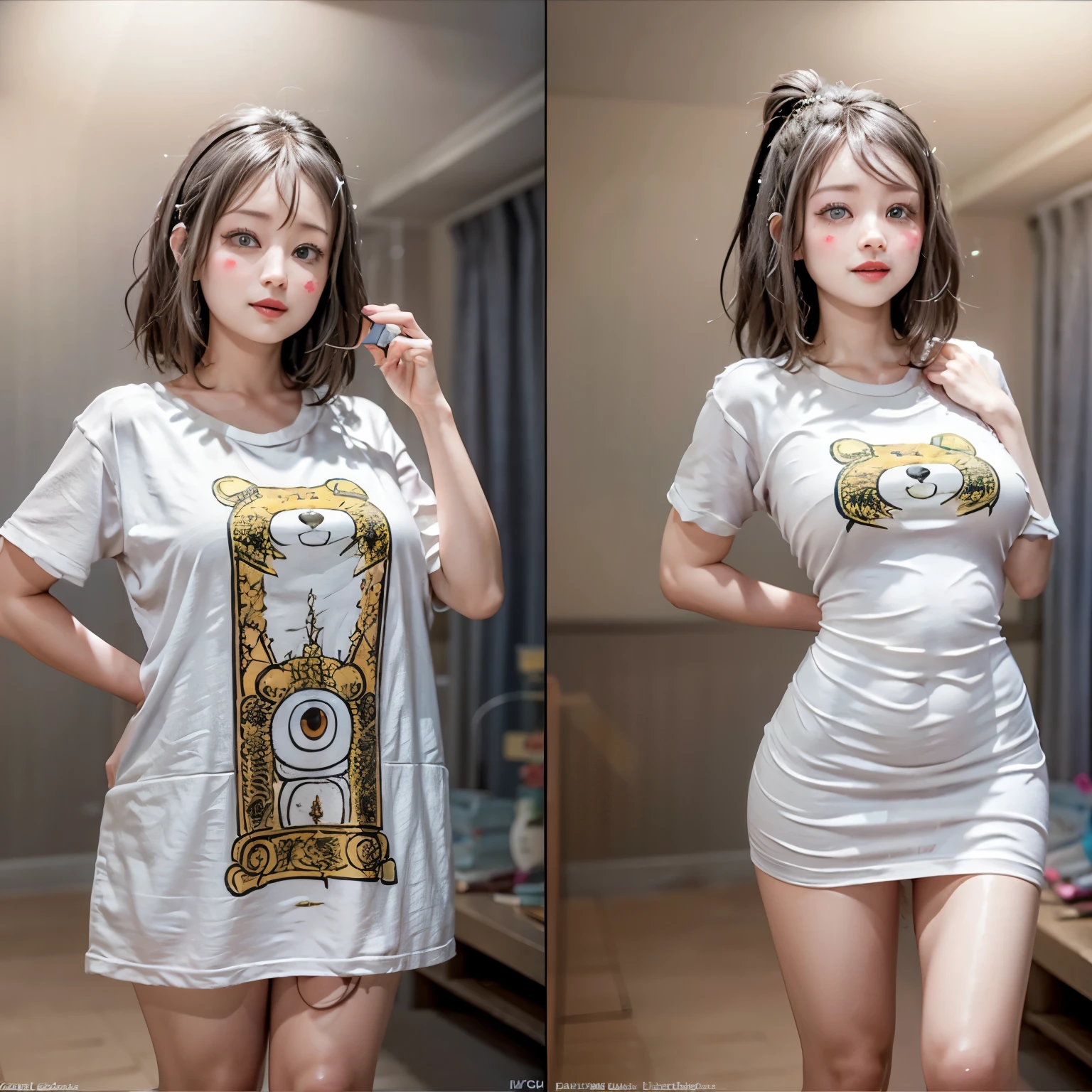 White and Bright Red, (Masterpiece 8K TopQuality:1.2) (ProfessionalPhoto:1.37) ExtremelyDetailed (((FullBody, KAWAII girl with HUGE boobs:1.37)) in ((WHITE cotton T-shirt dress:1.28) with (LifeSize her face printed on it:1.26)) detailed (Delicate cotton textures)) PerfectLighting (Studio Dark GRAY Background) with (Oodles of mystic Dazzling RainbowColor Particles:1.26)  BREAK  (((NOGIZAKA FaceVariations))), Extremely Detailed (very KAWAII Face), Childish CaptivatingGaze Stunning ParfectEyes ElaboratePupils with (SparklingHighlights:1.28), DoubleEyelids with (Detailed Voluminous LongEyelashes:0.88), Small GlossyRedLips with BeautifulDetails, CoquettishTongue, PUNIPUNI RosyCheeks, Radiant PearlSkin with Transparency, Glowing DowneyHair . { (Dynamic Joyful expressions LifeLike Rendering:1.4) | (:d) }, (large eyes:-1) . 