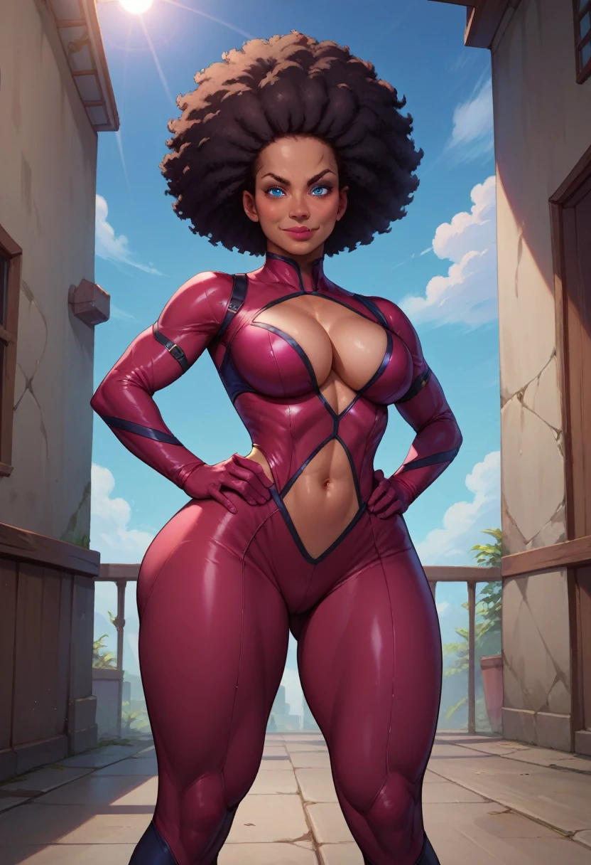 1woman, cleavage, in an abandoned factory, hands holding own hips, seductive smile, big breasts, wide hips, big ass, storm from x-men costume, Garnet,black afro,navel,standing,upper body, curvy,smile,standing, toned, big lips, blue eyes, full body shot