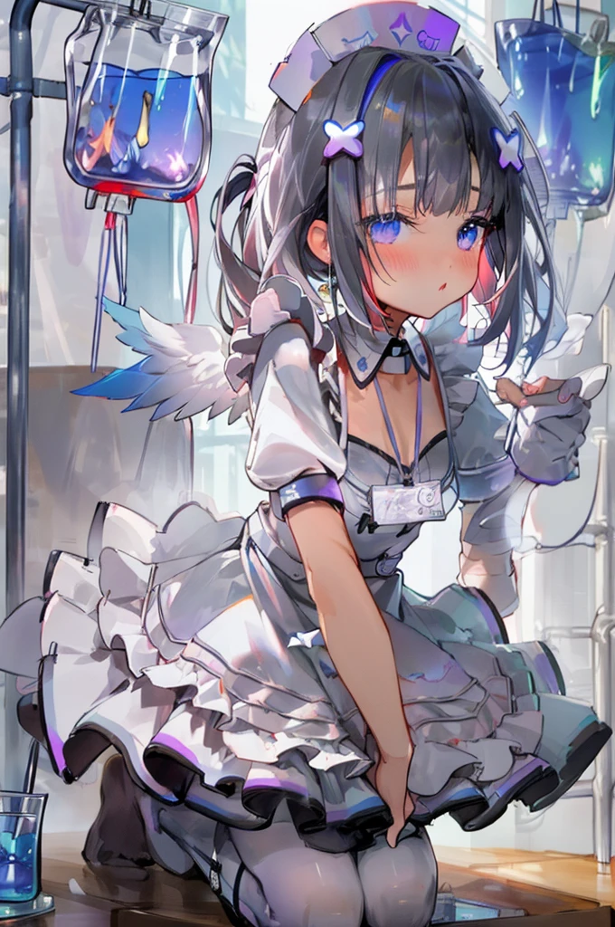 face、I can see the side、Black and white maid outfit、(Lower body exposed)、indoor、Empty container、(Show off your pussy)、(R18)