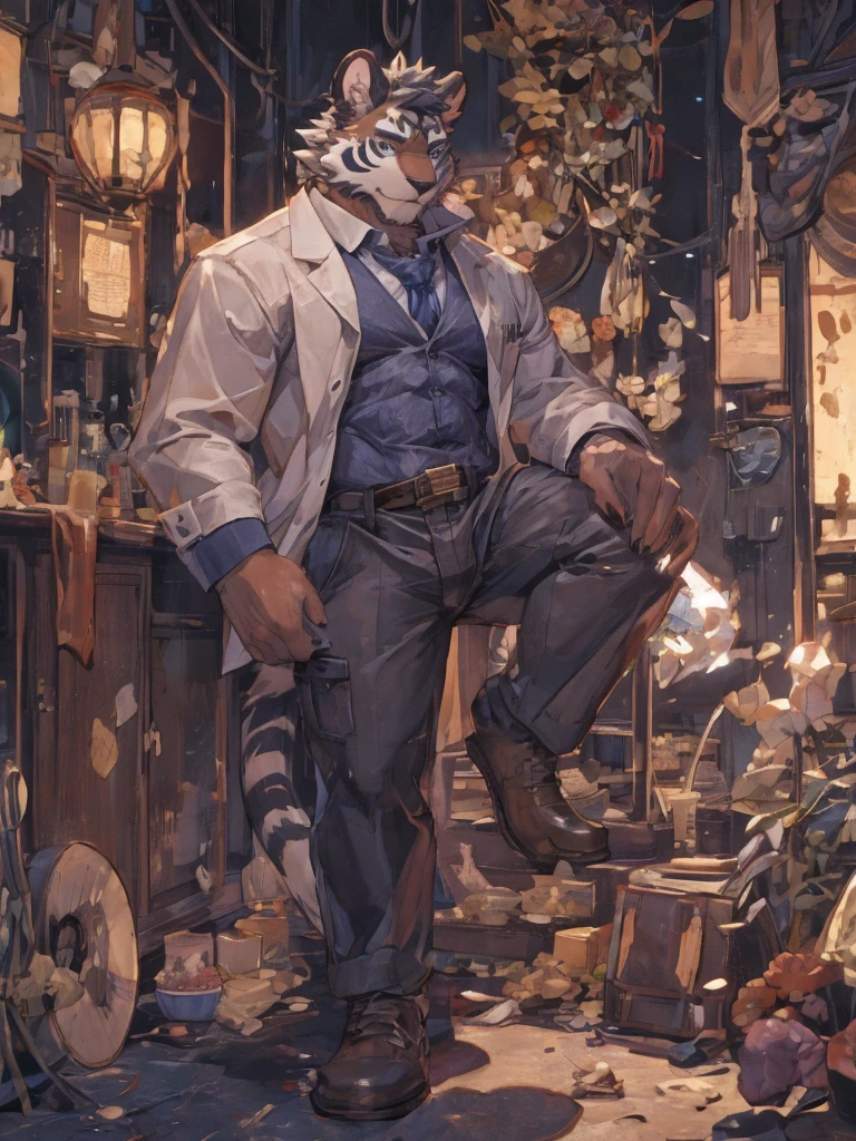 {{bara extremely handsome white tiger,}} {{white fur,}} white, wearing elegant ornate suit jacket, trousers, white dress shirt and necktie, white fluffy furry body and limbs, loafers, very tall, very broad shoulders, narrow waist, muscular arms, massive pecs, purple eyes, very long legs, massive bulge, sophisticated hot look, 3/4 view, best quality, high detail, CG image, silver earring on left ear, sultry smirk