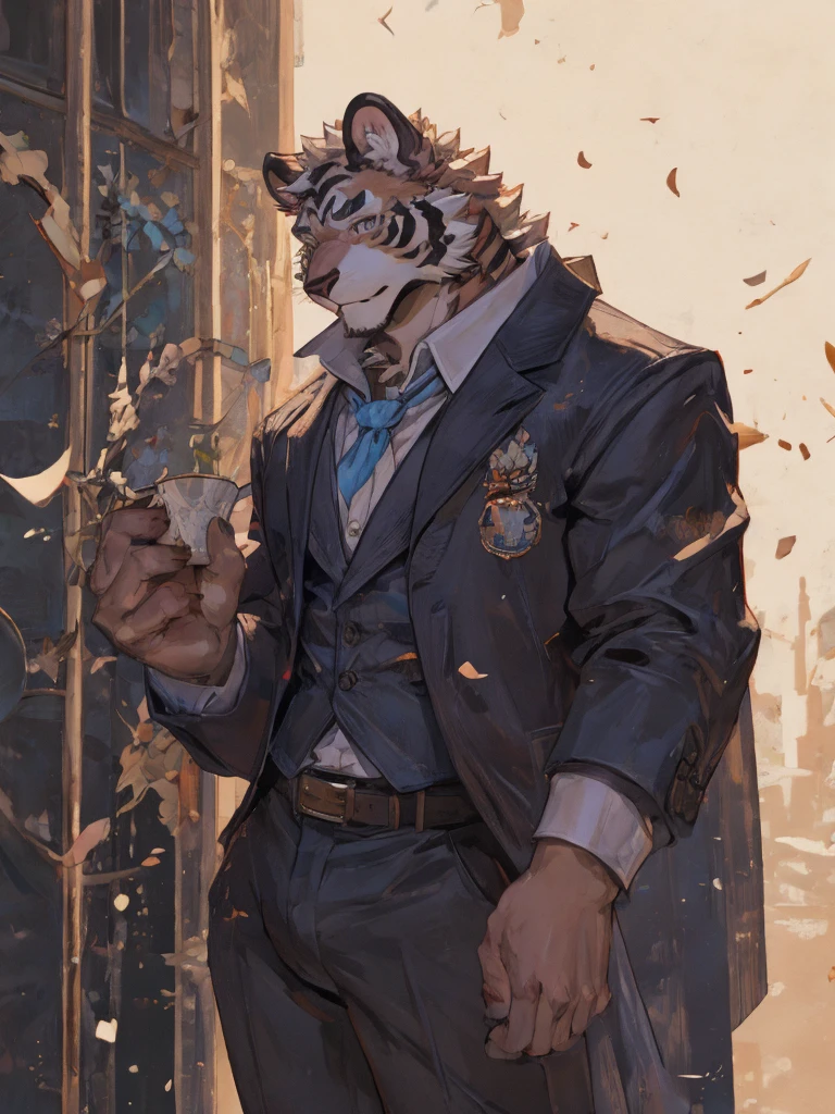 {{bara extremely handsome white tiger,}} {{white fur,}} white, wearing elegant ornate suit jacket, trousers, white dress shirt and necktie, white fluffy furry body and limbs, loafers, very tall, very broad shoulders, narrow waist, muscular arms, massive pecs, purple eyes, very long legs, massive bulge, sophisticated hot look, 3/4 view, best quality, high detail, CG image, silver earring on left ear, sultry smirk