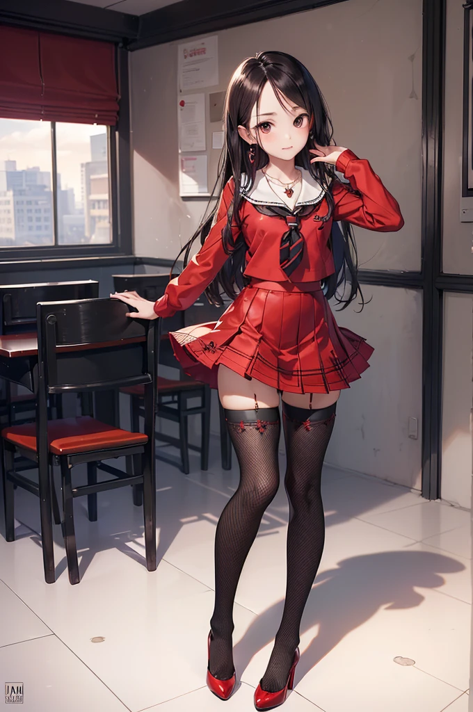 ((Biologically correct limb count)),(( From head to toe,Full-body photo including face)),4K,((Standing position)),masterpiece,((Focus on the face)),((Symmetrical facial features)),Eyes with detailed description,Beautiful woman,Great style,Beautiful arms,Beautiful legs,Beautiful Hands,(Small Ass,Thin thighs),Facial detailing,Small earrings,necklace,(Red and black enamel sailor suit,Checked mini skirt((Black high heels,Black patterned stockings))),((Taking a class in a school classroom)),,Realistic photo,Stand at an angle,Low angle photo