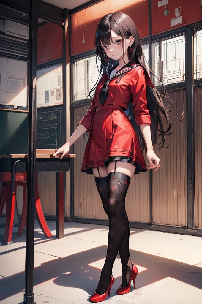 ((Biologically correct limb count)),(( From head to toe,Full-body photo including face)),4K,((Standing position)),masterpiece,((Focus on the face)),((Symmetrical facial features)),Eyes with detailed description,Beautiful woman,Great style,Beautiful arms,Beautiful legs,Beautiful Hands,(Small Ass,Thin thighs),Facial detailing,Small earrings,necklace,(Red and black enamel sailor suit,Checked mini skirt((Black high heels,Black patterned stockings))),((Taking a class in a school classroom)),,Realistic photo,Stand at an angle,Low angle photo