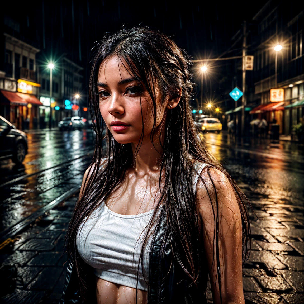 1girl,solo,long hair,Rough skin,(looking at viewer:1.2),wet hair,micro_shorts,dark,polaroid,(depth_of_field:1.5),rainy days,outdoors,street,hair between eyes,moody lighting,Tyndall effect,Cinematic Lighting,night,lamppost,lens flare,available light,rim light,glowing neon lights,curvy,chinese_style,