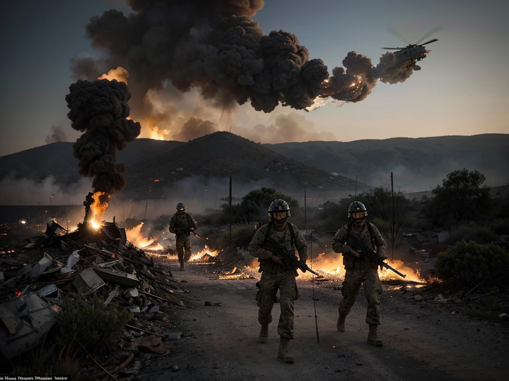 Soldiers in camouflage uniforms and helmets holding rifles move through a smoke-filled, battle-scarred landscape with burning rubble, explosions, and a destroyed building. Helicopters fly overhead against a dusky sky.