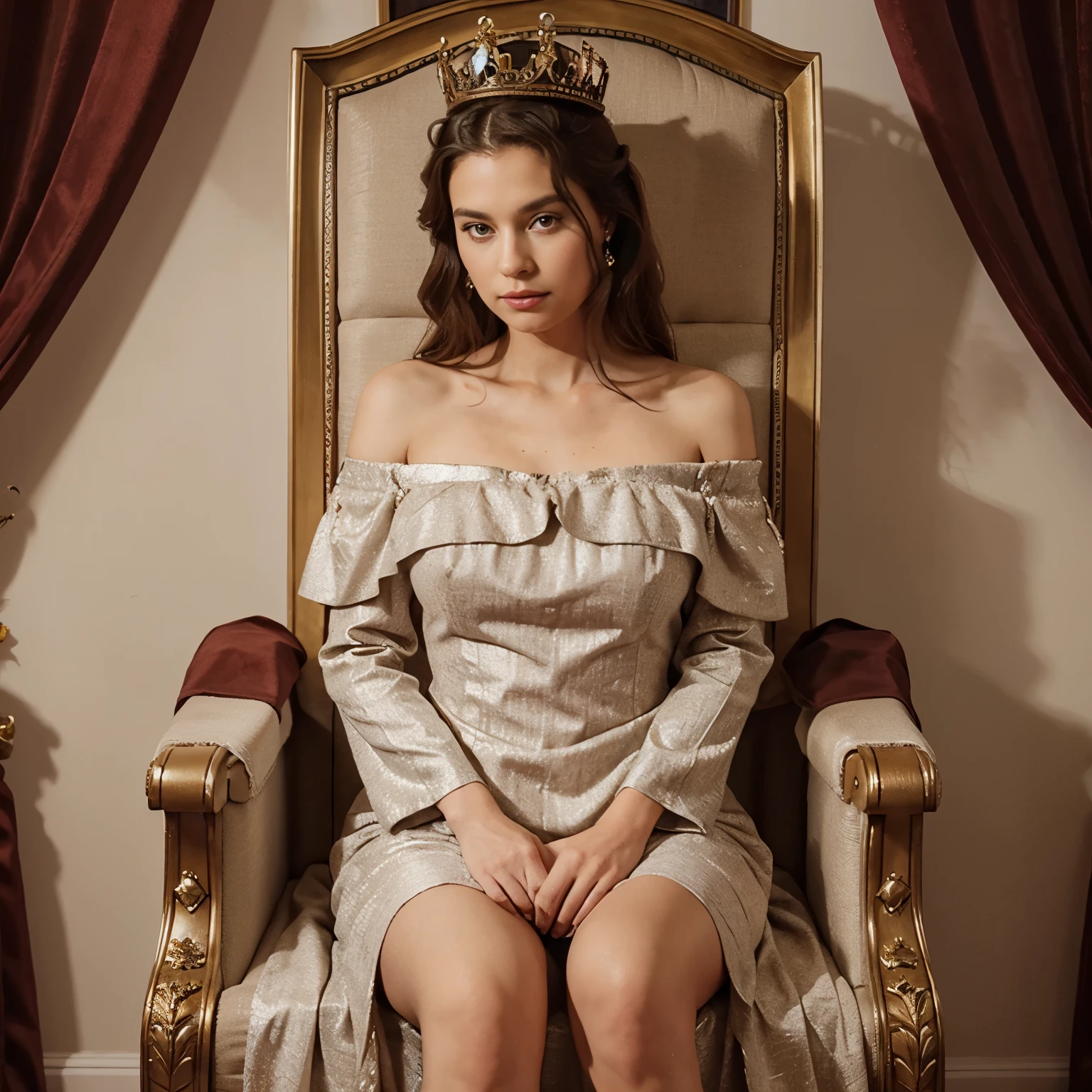 The Queen in a luxurious off-shoulder dress, a beautiful crown on a luxurious throne