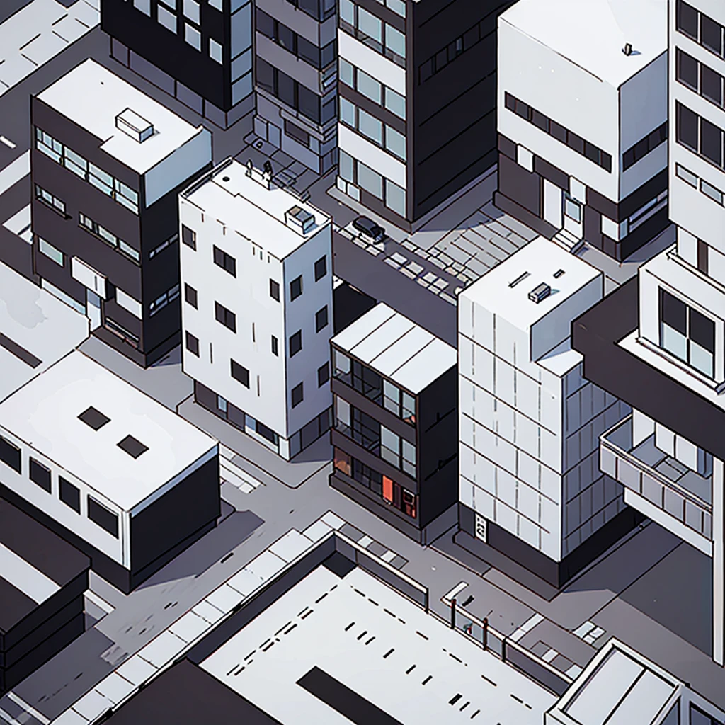 black and white line art of urban city with roads and wide sidewalk, short buildings, minimal detail, cartoon style, isometric, birdseye view