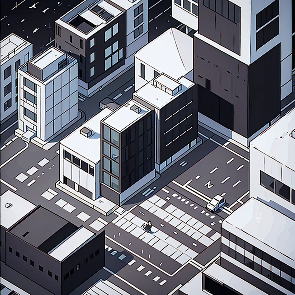 black and white line art of urban city with roads and wide sidewalk, short buildings, minimal detail, cartoon style, isometric, birdseye view