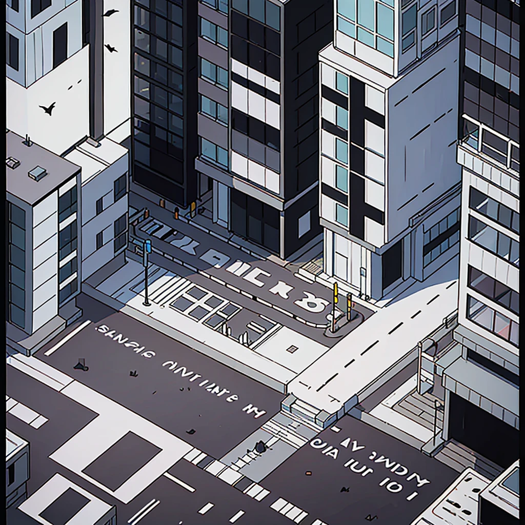 black and white line art of urban city with roads and wide sidewalk, short buildings, minimal detail, cartoon style, isometric, birdseye view
