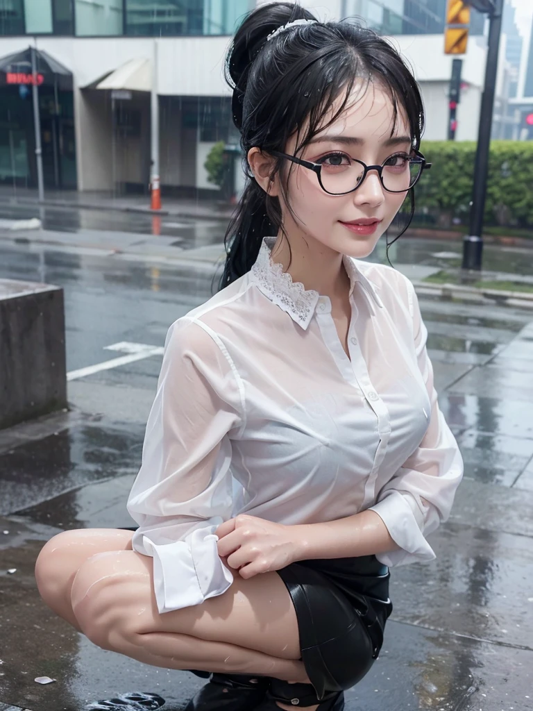 ((best quality, 8K, masterpiece: 1.3)),upper body,Thick black-rimmed glasses,Black Hair, black eye,sharp focus: 1.2, beautiful woman: 1.4, ((ponytail: 1.2)),(magenta skirt、White blouse with lace), (wet from rain: 1.3), (rain, street: 1.2), wet body: 1.2, squatting,Highly detailed face and skin texture, detailed eyes, double eyelids, White skin,E cup,smile,Financial district of the big city,Skyscraper,White skin,Wet Hair、Wet Skin、Wet clothes、smile、 from front