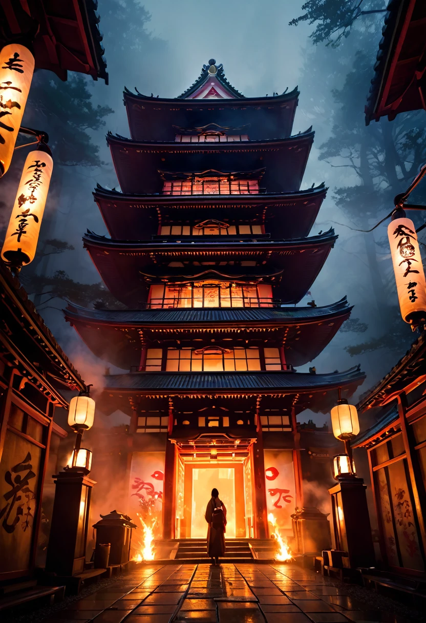 fire japanese temple, graffiti, japanese letters led, dim lights, simple, fog, hd, ambient