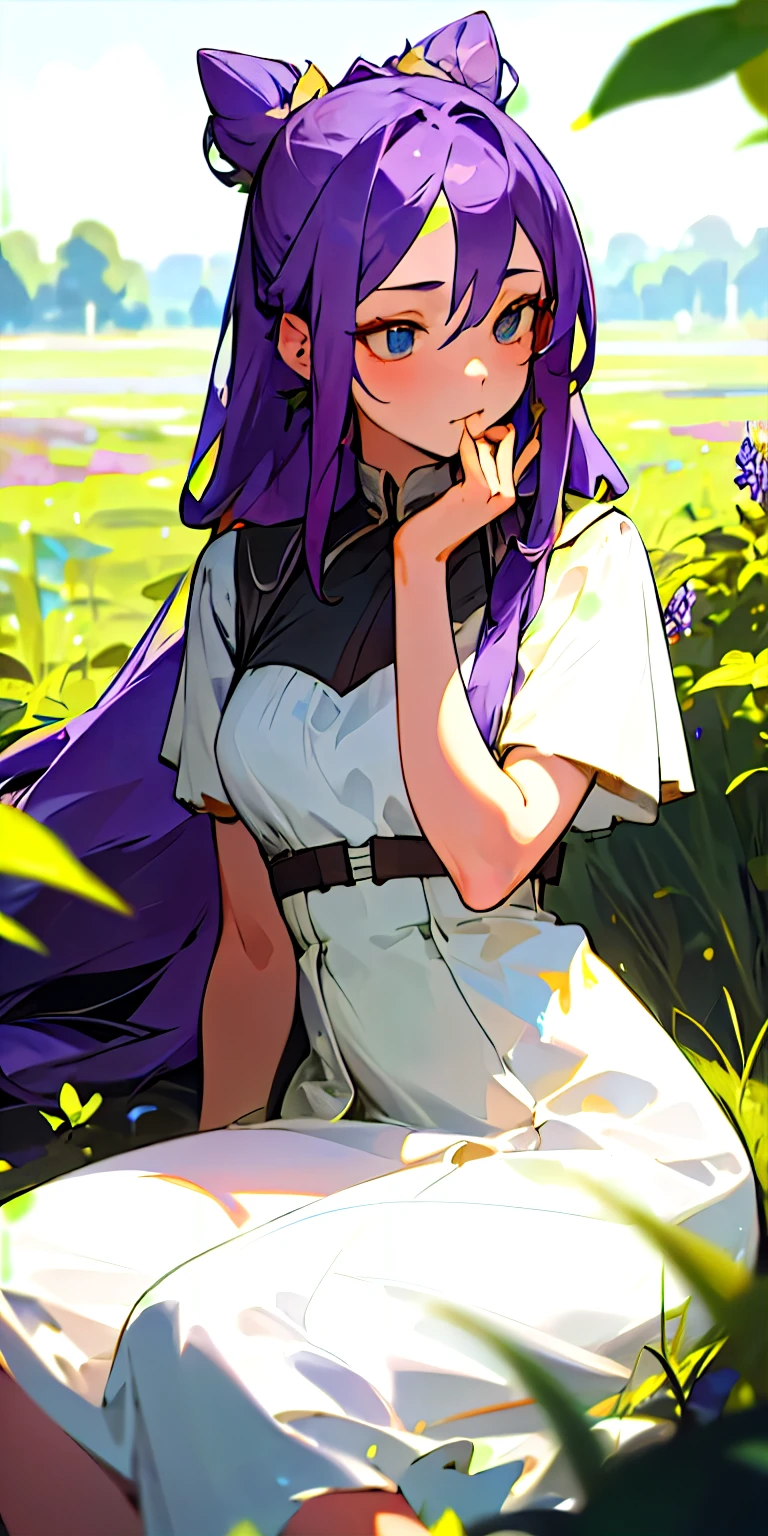 (masterpiece, best quality),1girl with long purple hair sitting in a field of green plants and flowers, Hair tied in two buns, her hand under her chin, warm lighting, white dress, blurry foreground