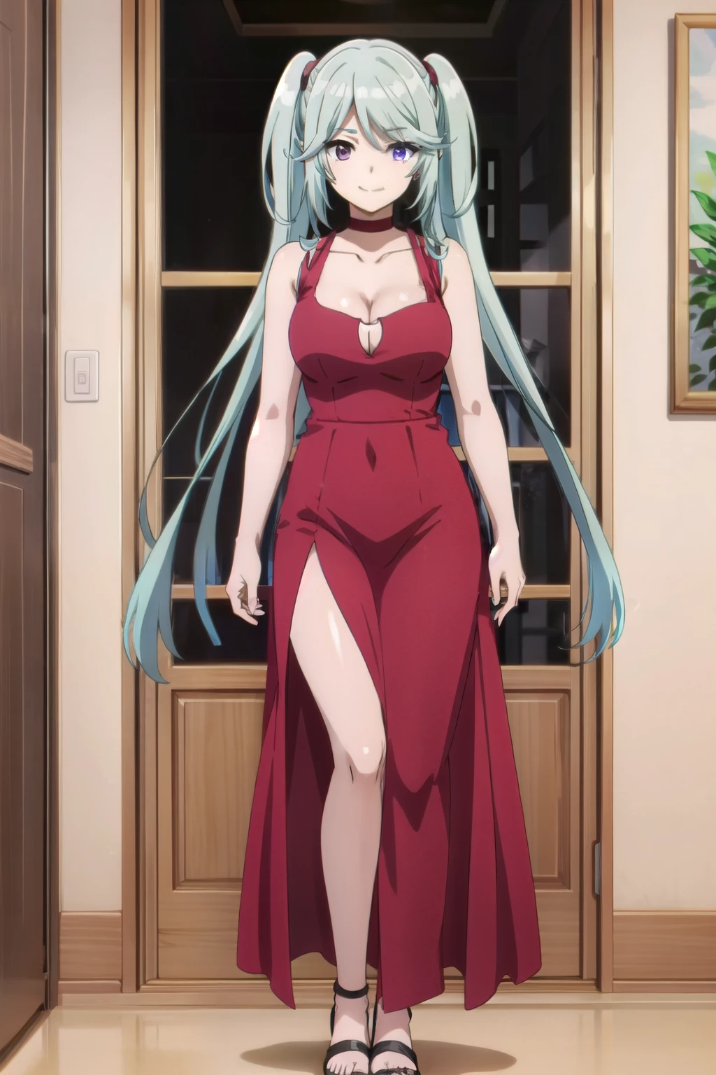 expensive body, Long legs, One girl, Twin tails, Purple eyes, Long Hair, smile, choker, dress, red dress, bangs, Blue Hair, indoor, very Long Hair, clavicle, Mouth closed, chest, red choker, Anime Coloring, Side Lock, full body, standing, sandals, Simple Background, (red Slip Dress), cleavage, (cleavage cutout: 1.3), sleeveless, (deep slit: 1.3)