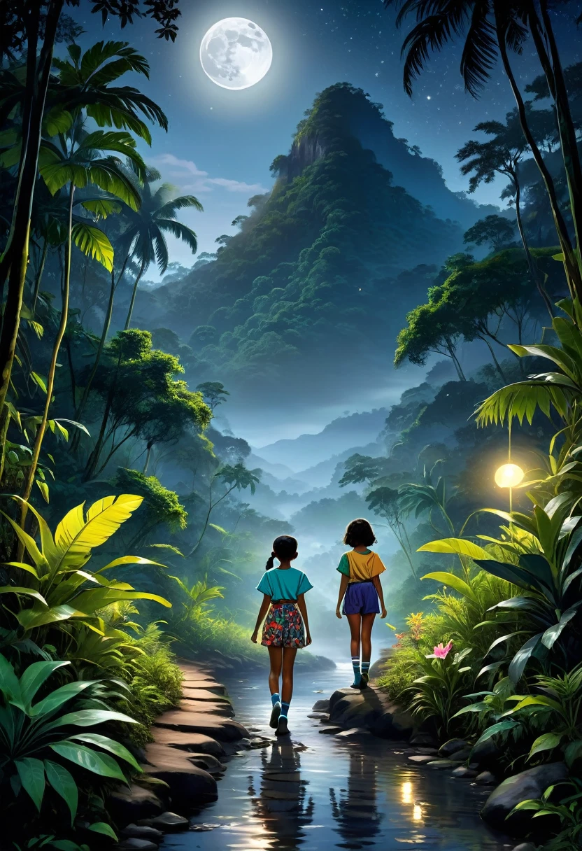 A serene night-time scene in the heart of a lush jungle beside a gently flowing river. A full moon casts a soft silver glow over the landscape, illuminating a well-trodden path that weaves through the dense foliage. On this path, a young brother and sister walk side by side, their figures standing out in the moonlit night. The brother is casually dressed in a short-sleeved shirt and matching shorts, with socks that hint at a touch of practicality amidst the tropical ambiance. His attire allows for ease of movement as they navigate the jungle trail. In contrast, the sister dons a vibrant ethnic mini dress and crop top, complemented by a mini skirt that sways with every step she takes. Her outfit is a stunning array of patterns and colors, celebrating the cultural richness of the region they explore. The siblings' clothing choices seem to represent the harmonious blend of the familiar and the exotic, mirroring the natural surroundings. The silhouette of a majestic mountain range looms in the distance, its peaks kissed by the moon's light, providing a dramatic backdrop to their tranquil stroll. The river beside them reflects the moon's radiance, adding a shimmering ribbon of light to the darkened jungle floor. The air is thick with the sweet scent of blooming flowers and the distant calls of nocturnal wildlife, which only adds to the enchanting atmosphere. Their shadows dance and stretch along the path, creating an intimate connection between the siblings and the mysterious world around them. This realistic depiction of a moonlit jungle walk captures not only the physical beauty of their surroundings but also the bond shared between the brother and sister as they embark on their adventure under the watchful gaze of the full moon.
