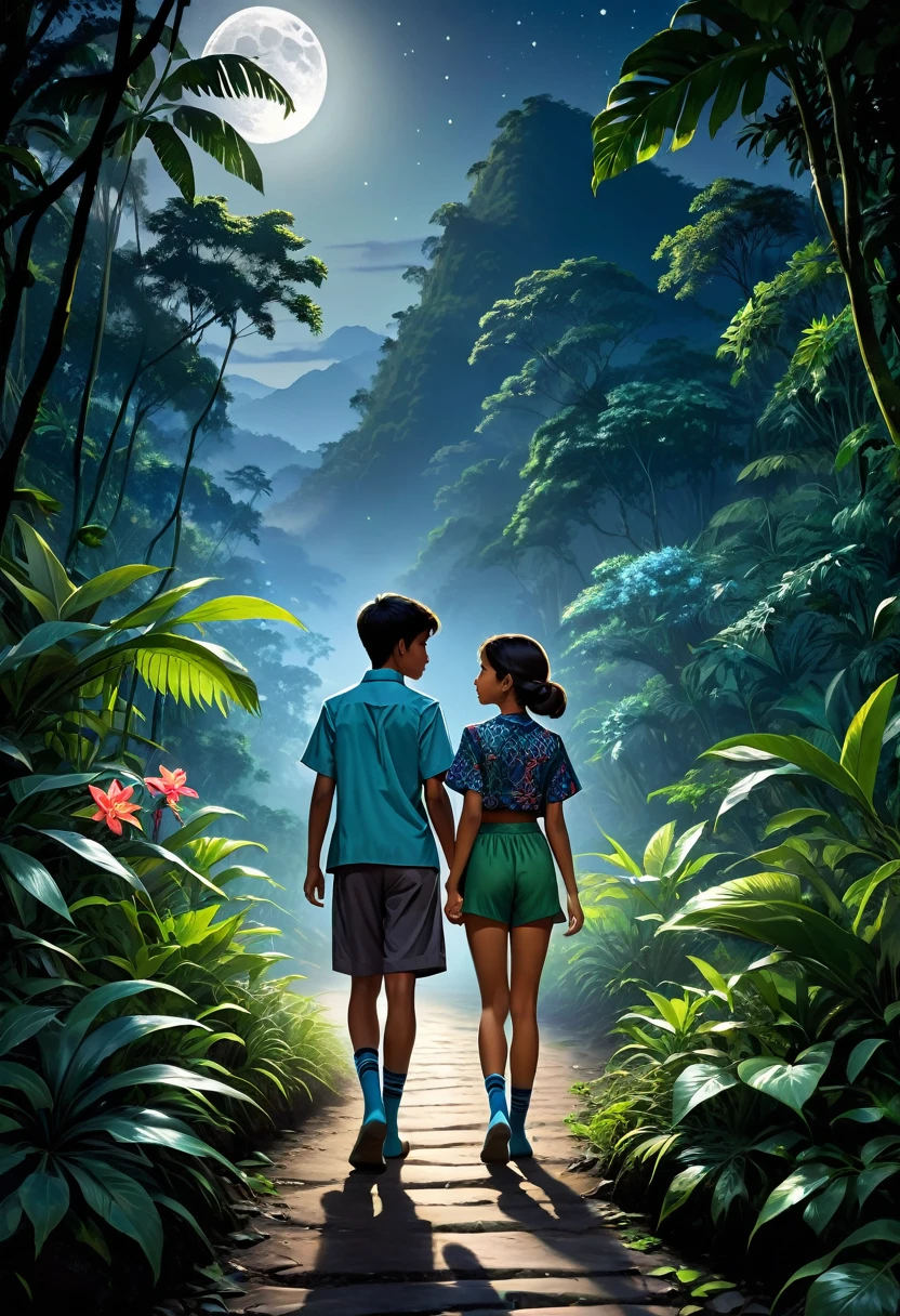 A serene night-time scene in the heart of a lush jungle beside a gently flowing river. A full moon casts a soft silver glow over the landscape, illuminating a well-trodden path that weaves through the dense foliage. On this path, a young brother and sister walk side by side, their figures standing out in the moonlit night. The brother is casually dressed in a short-sleeved shirt and matching shorts, with socks that hint at a touch of practicality amidst the tropical ambiance. His attire allows for ease of movement as they navigate the jungle trail. In contrast, the sister dons a vibrant ethnic mini dress and crop top, complemented by a mini skirt that sways with every step she takes. Her outfit is a stunning array of patterns and colors, celebrating the cultural richness of the region they explore. The siblings' clothing choices seem to represent the harmonious blend of the familiar and the exotic, mirroring the natural surroundings. The silhouette of a majestic mountain range looms in the distance, its peaks kissed by the moon's light, providing a dramatic backdrop to their tranquil stroll. The river beside them reflects the moon's radiance, adding a shimmering ribbon of light to the darkened jungle floor. The air is thick with the sweet scent of blooming flowers and the distant calls of nocturnal wildlife, which only adds to the enchanting atmosphere. Their shadows dance and stretch along the path, creating an intimate connection between the siblings and the mysterious world around them. This realistic depiction of a moonlit jungle walk captures not only the physical beauty of their surroundings but also the bond shared between the brother and sister as they embark on their adventure under the watchful gaze of the full moon.
