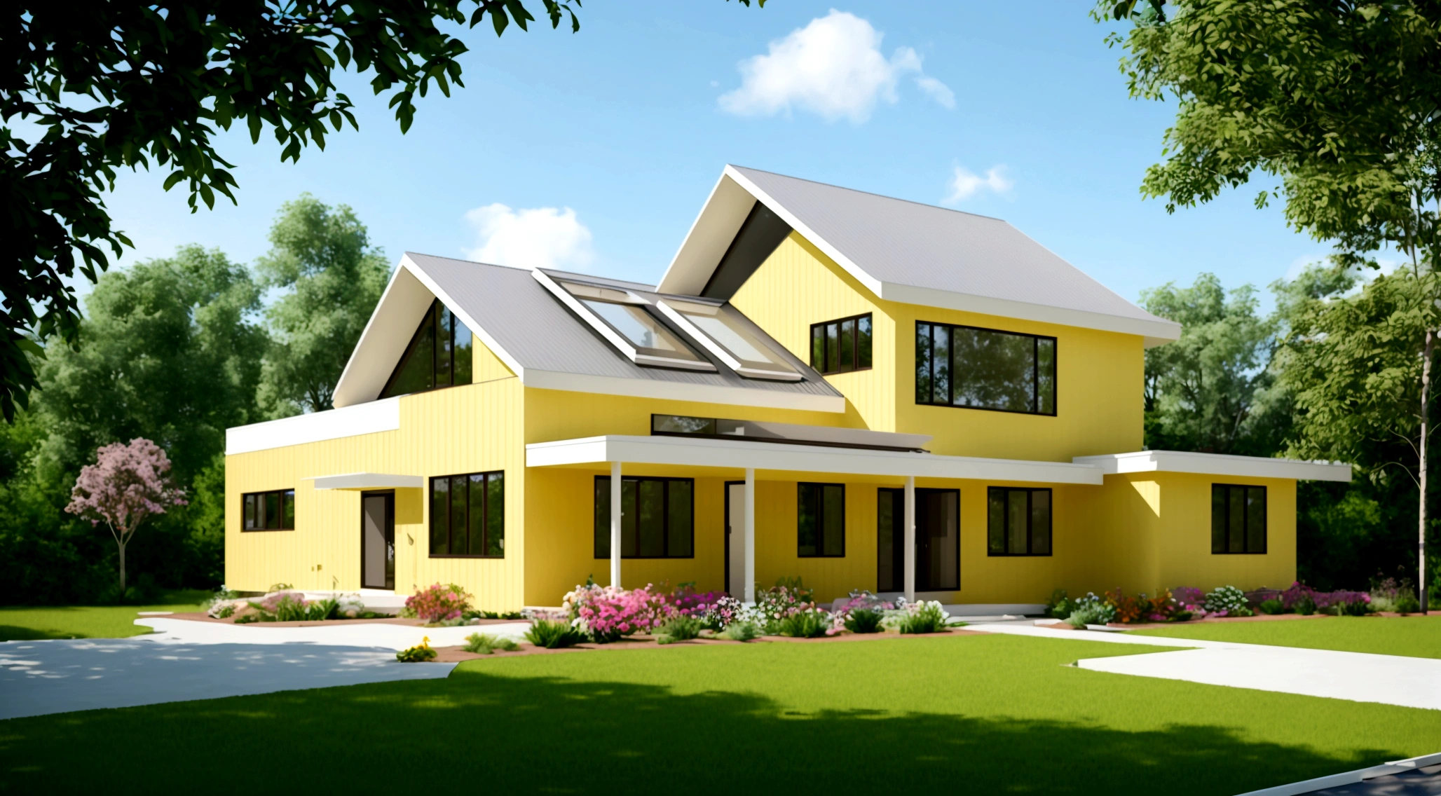 Exterior scene of a modern single-story house by the roadside, with pale yellow walls, glass windows and doors, simple yet elegant interior, surrounded by flowers and trees, blending harmoniously with nature, fresh air, natural light, hyper-realistic, high-quality image. photorealistic, 8K