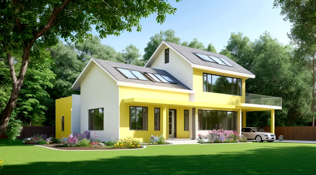 Exterior scene of a modern single-story house by the roadside, with pale yellow walls, glass windows and doors, simple yet elegant interior, surrounded by flowers and trees, blending harmoniously with nature, fresh air, natural light, hyper-realistic, high-quality image. photorealistic, 8K