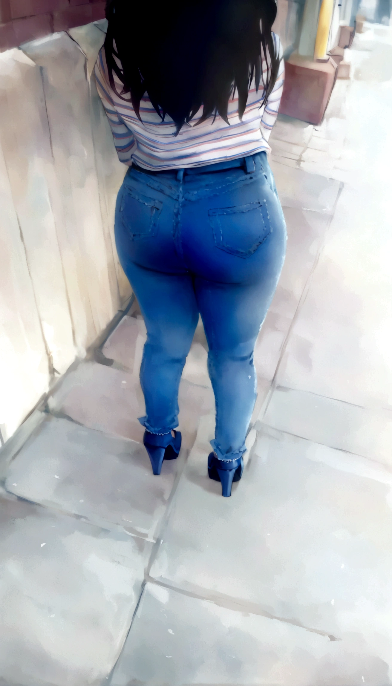 araffed woman in Cowboys and heels standing on a sidewalk, back view, tight blue Cowboys and cool shoes, tight denim Cowboys, view from behind, Full body distant view, wearing Cowboys, approach a skinny, rear shot, visto from behind, blue Cowboys, shot from behind, Cowboys, disparo from behind, from behind