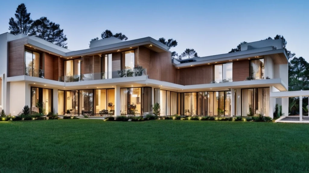 Elegant one-story, long, white cement mixed with wood house., Looks like the letter L, It looks like a room.,beautiful,On the dark green grass,Shady atmosphere,night time