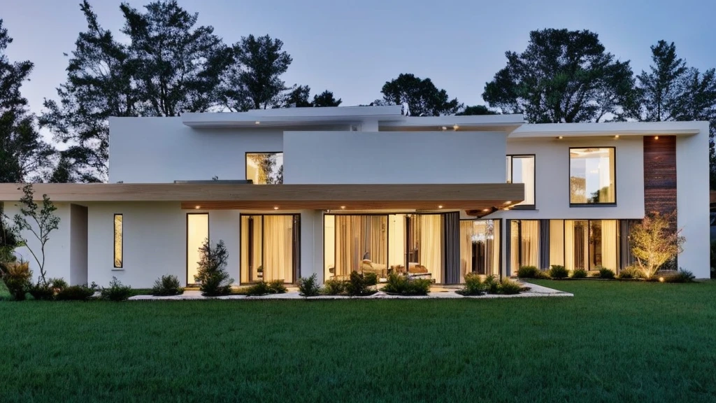 Elegant one-story, long, white cement mixed with wood house., Looks like the letter L, It looks like a room.,beautiful,On the dark green grass,Shady atmosphere,night time