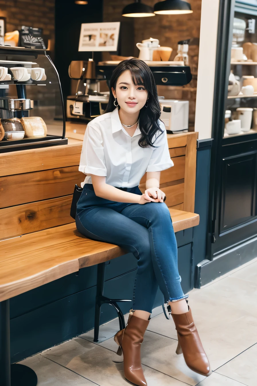 high quality,16K:1.1),(, Woman sitting on a chair in a coffee shop)(Full Body Shot:1.2),Black Hair、Wavy Hair、、ear piercing、smile、Beautiful teeth alignment、((put one's coat over one's shoulders、sweater、Skinny jeans、、sneakers)), ,(View your viewers:1.3),Coffee shop on background