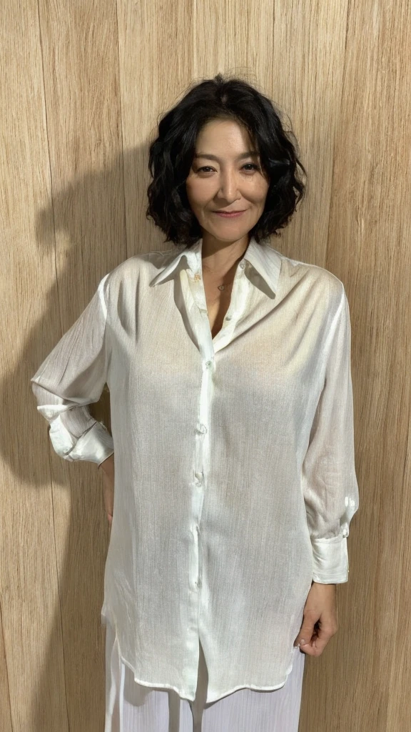 (masterpiece:1.3), (8K, realistic, Raw photo, highest quality: 1.4), japanese woman、mature adult woman、mature woman、48 years old、(1 person), beautiful face, (realistic face), (black hair, short hair:1.3), beautiful hairstyle, realistic eyes, beautiful details, (realistic skin), beautiful skin, charm, ultra high resolution, 超realistic, high detail, golden ratio, (deadly face:1.2), look at the beholder,smile, open white shirt, Medium chest, Are standing, put your hands on your hips, Wearing an inner shirt, 48 years oldのmature woman, Huge, ((Saggy big 1.8)), obscene body, 美mature womanがエロい