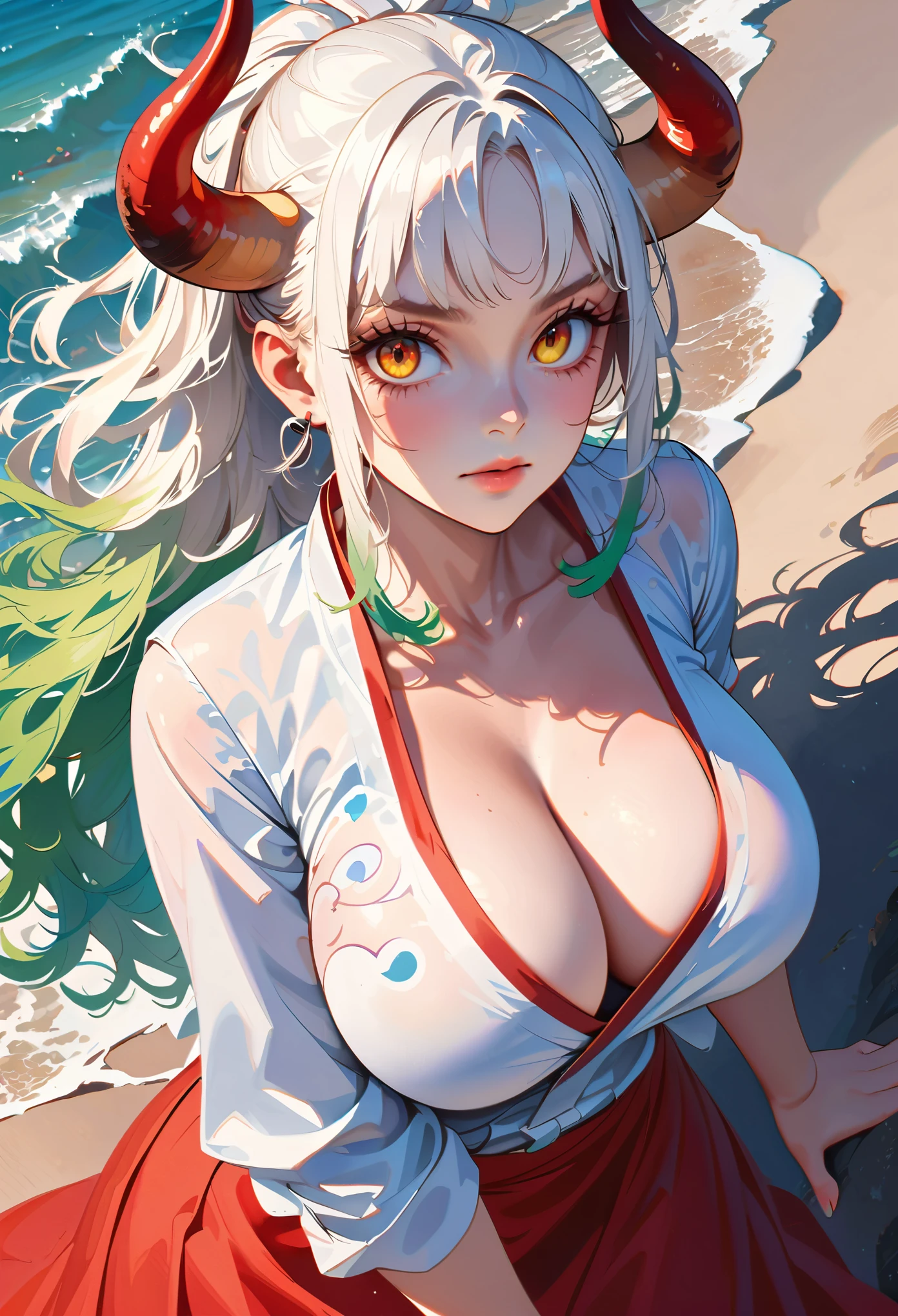 Style 9，1 woman, laying on sand, yamato one piece, white hair, pony tail, green hair at tip,  horns, yellow eyes, detailed eyes, white clothes, red skirt, big breasts, mature body, culvage,  illustration，beautiful background，whole body，high angle shot, from above, Beautiful photography pose，profile，view at viewer, high detailed wallpaper, high quality, masterpiece